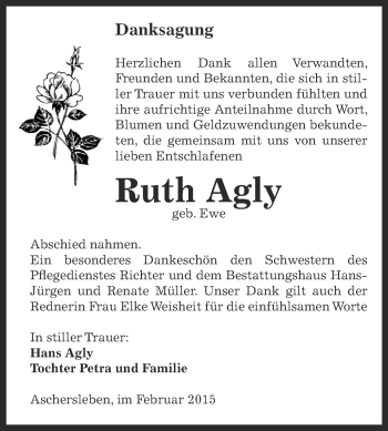 Traueranzeige von Ruth Agly von Super Sonntag Aschersleben