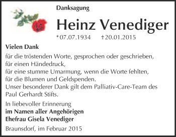 Traueranzeige von Heinz Venediger von Super Sonntag Wittenberg