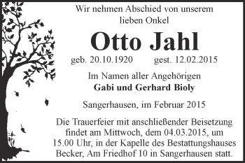 Traueranzeige von Otto Jahl von Super Sonntag SGH Mansf. Land