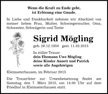 Traueranzeige von Sigrid Mögling von Mitteldeutsche Zeitung Mansfelder Land