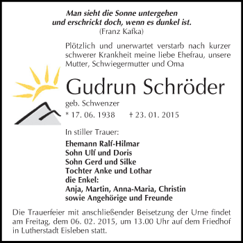 Traueranzeige von Gudrun Schröder von Wochenspiegel Mansfelder Land