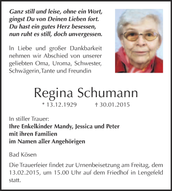 Traueranzeige von Regina Schumann von WVG - Wochenspiegel NMB / WSF / ZTZ