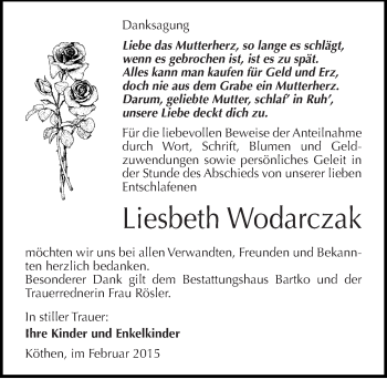 Traueranzeige von Liesbeth Wodarczak von Mitteldeutsche Zeitung Köthen