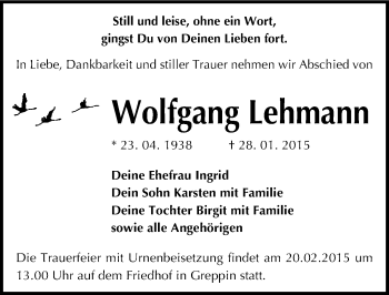 Traueranzeige von Wolfgang Lehmann von Mitteldeutsche Zeitung Bitterfeld