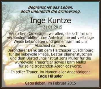 Traueranzeige von Inge Kuntze von Super Sonntag Aschersleben