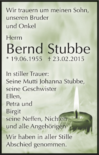 Traueranzeige von Bernd Stubbe von Mitteldeutsche Zeitung Zeitz