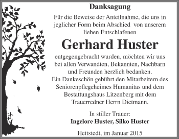 Traueranzeige von Gerhard Huster von Wochenspiegel Mansfelder Land