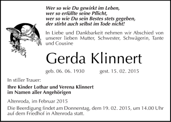 Traueranzeige von Gerda Klinnert von Mitteldeutsche Zeitung Naumburg/Nebra