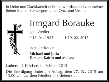 Traueranzeige von Irmgard Borauke von Mitteldeutsche Zeitung Mansfelder Land
