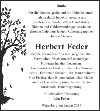 Traueranzeige von Herbert Feder von WVG - Wochenspiegel Wittenberg