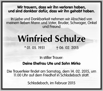 Traueranzeige von Winfried Schulze von WVG - Wochenspiegel Merseburg