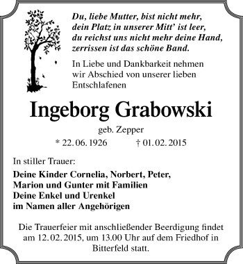 Traueranzeige von Ingeborg Grabowski von Mitteldeutsche Zeitung Bitterfeld