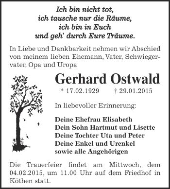 Traueranzeige von Gerhard Ostwald von WVG - Wochenspiegel Dessau / Köthen