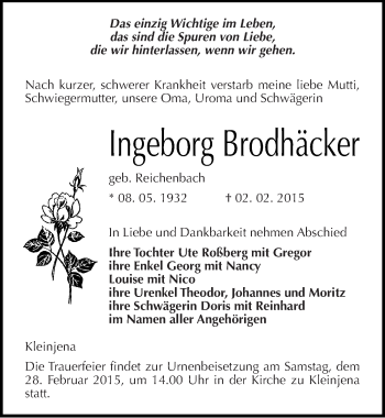 Traueranzeige von Ingeborg Brodhäcker von Mitteldeutsche Zeitung Naumburg/Nebra