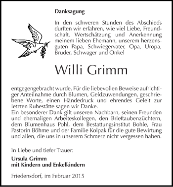 Traueranzeige von Willi Grimm von Mitteldeutsche Zeitung Merseburg/Querfurt