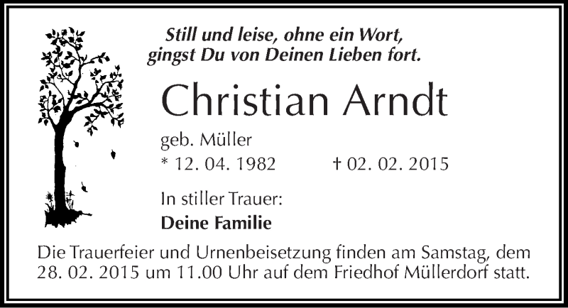  Traueranzeige für Christian Arndt vom 21.02.2015 aus Mitteldeutsche Zeitung Mansfelder Land