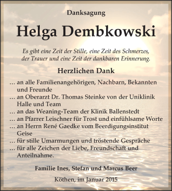 Traueranzeige von Helga Dembkowski von WVG - Wochenspiegel Dessau / Köthen