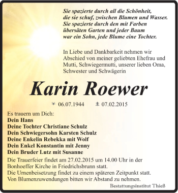 Traueranzeige von Karin Roewer von Mitteldeutsche Zeitung Quedlinburg
