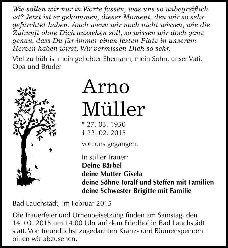  Traueranzeige für Arno Müller vom 28.02.2015 aus Mitteldeutsche Zeitung Merseburg/Querfurt