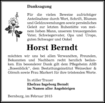 Traueranzeige von Horst Berndt von Mitteldeutsche Zeitung Bernburg