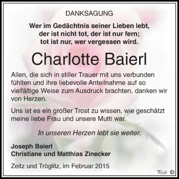 Traueranzeige von Charlotte Baierl von Super Sonntag Zeitz