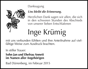 Traueranzeige von Inge Krümig von WVG - Wochenspiegel Merseburg