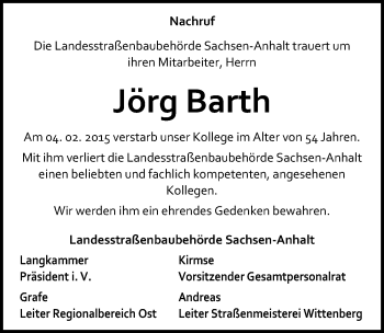 Traueranzeige von Jörg Barth von Mitteldeutsche Zeitung Wittenberg