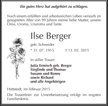 Traueranzeige von Ilse Berger von Mitteldeutsche Zeitung Mansfelder Land