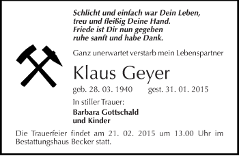 Traueranzeige von Klaus Geyer von Mitteldeutsche Zeitung Sangerhausen