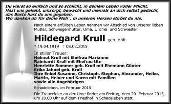 Traueranzeige von Hildegard Krull von Mitteldeutsche Zeitung Aschersleben