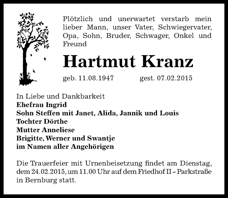  Traueranzeige für Hartmut Kranz vom 14.02.2015 aus Mitteldeutsche Zeitung Bernburg