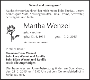 Traueranzeige von Martha Wenzel von WVG - Wochenspiegel Merseburg