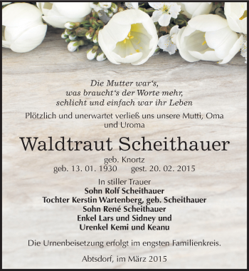 Traueranzeige von Waldtraut Scheithauer von Mitteldeutsche Zeitung Wittenberg