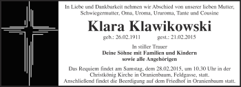 Traueranzeige von Klara Klawikowski von Super Sonntag Wittenberg