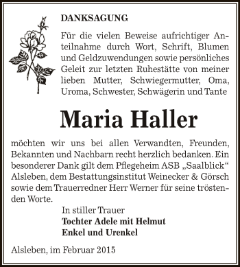 Traueranzeige von Maria Haller von Super Sonntag Bernburg