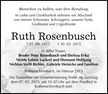 Traueranzeige von Ruth Rosenbusch von Mitteldeutsche Zeitung Mansfelder Land