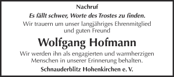 Traueranzeige von Wolfgang Hofmann von Super Sonntag Zeitz