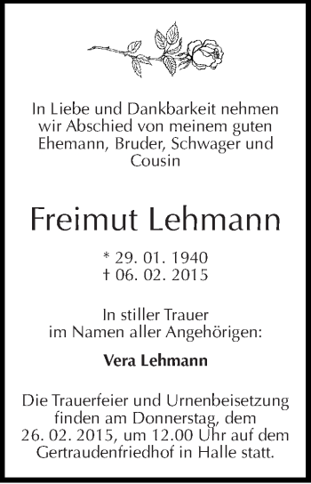 Traueranzeige von Freimut Lehmann von Mitteldeutsche Zeitung Halle/Saalkreis