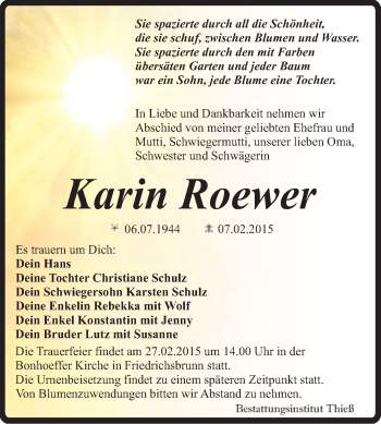 Traueranzeige von Karin Roewer von Super Sonntag Quedlinburg