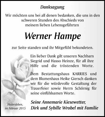Traueranzeige von Werner Hampe von WVG - Wochenspiegel Quedlinburg