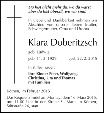 Traueranzeige von Klara Doberitzsch von Mitteldeutsche Zeitung Köthen
