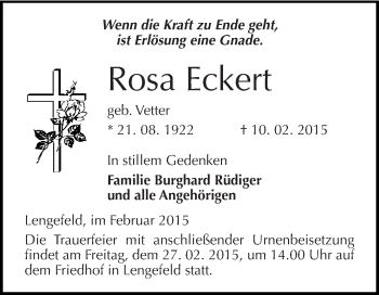 Traueranzeige von Rosa Eckert von Super Sonntag SGH Mansf. Land