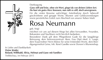 Traueranzeige von Rosa Neumann von WVG - Wochenspiegel Dessau / Köthen