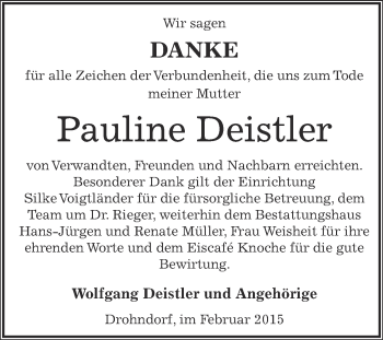Traueranzeige von Pauline Deistler von WVG - Wochenspiegel Aschersleben