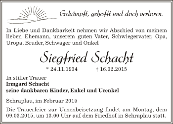 Traueranzeige von Siegfried Schacht von Super Sonntag SGH Mansf. Land