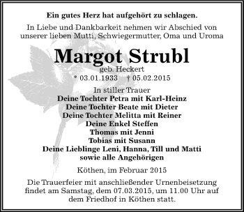 Traueranzeige von Margot Strubl von Mitteldeutsche Zeitung Köthen