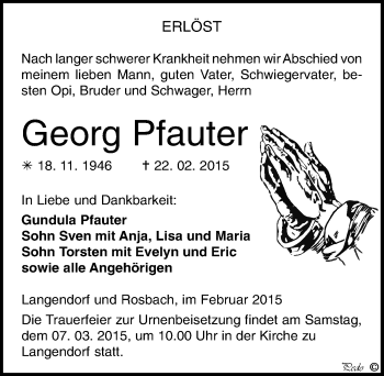 Traueranzeige von Georg Pfauter von Mitteldeutsche Zeitung Zeitz