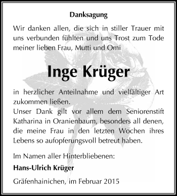 Traueranzeige von Inge Krüger von WVG - Wochenspiegel Wittenberg