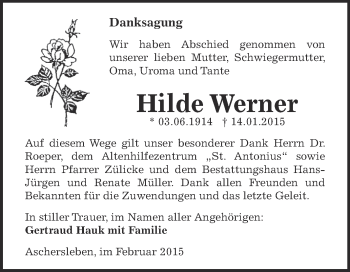 Traueranzeige von Hilde Werner von Super Sonntag Aschersleben