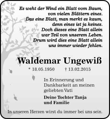 Traueranzeige von Waldemar Ungewiß von Mitteldeutsche Zeitung Zeitz